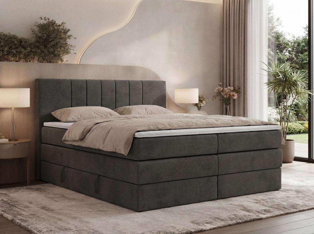 BOXSPRINGBETT INERO KING 200/200 - Dunkelgrau Velvet - Topper Visco - H4 - Dunkelgrau/Schwarz, Kunststoff/Textil (200/200cm) - MKS