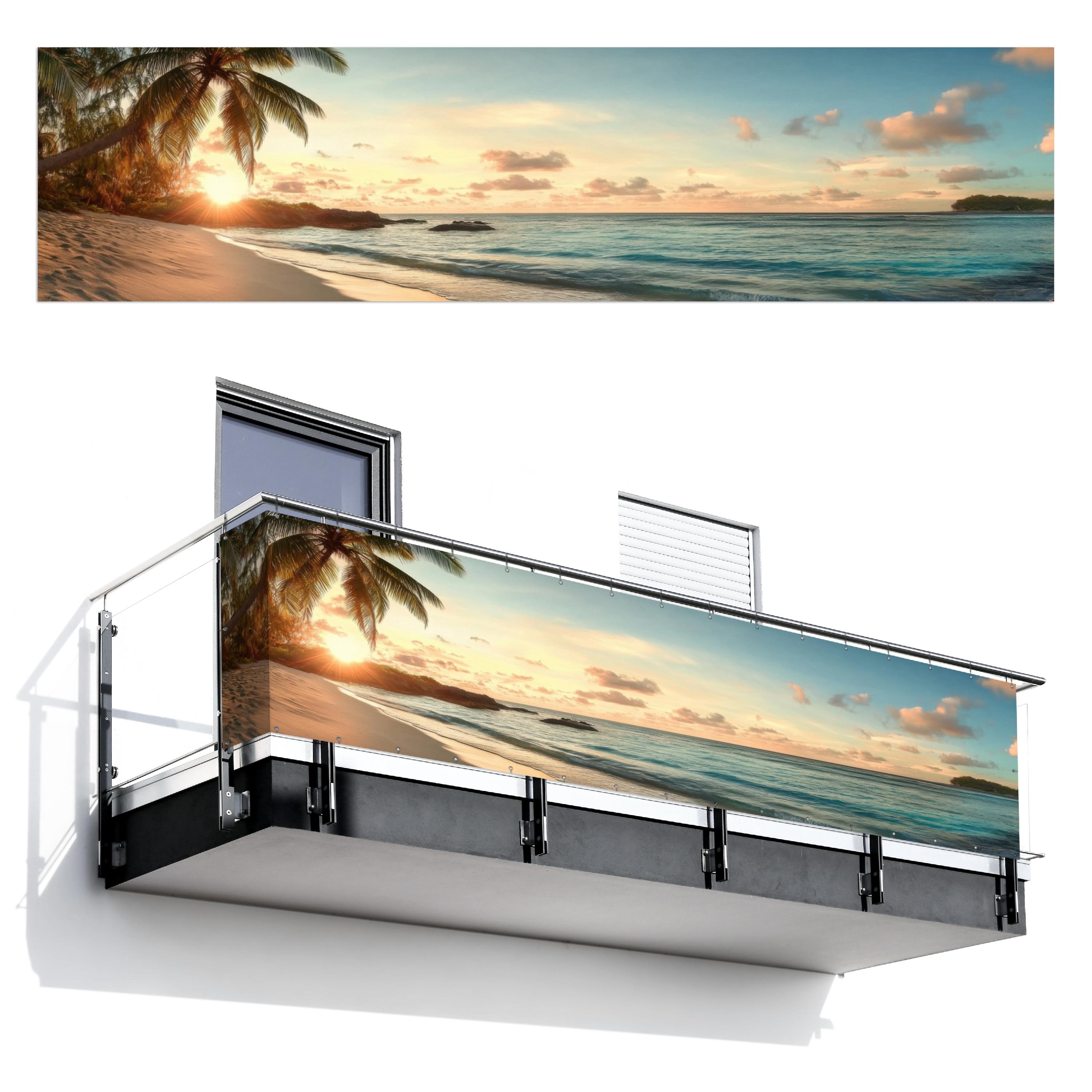BALKON-SICHTSCHUTZ Strand - Palmen - Meer - Sonnenuntergang Deko XXL 500x130 cm - Samtahornfarben, Kunststoff (500/130cm) - MuchoWow