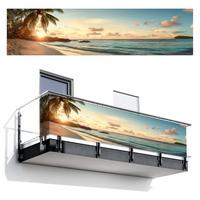 BALKON-SICHTSCHUTZ Strand - Palmen - Meer - Sonnenuntergang Deko XXL 500x130 cm - Samtahornfarben, Kunststoff (500/130cm) - MuchoWow
