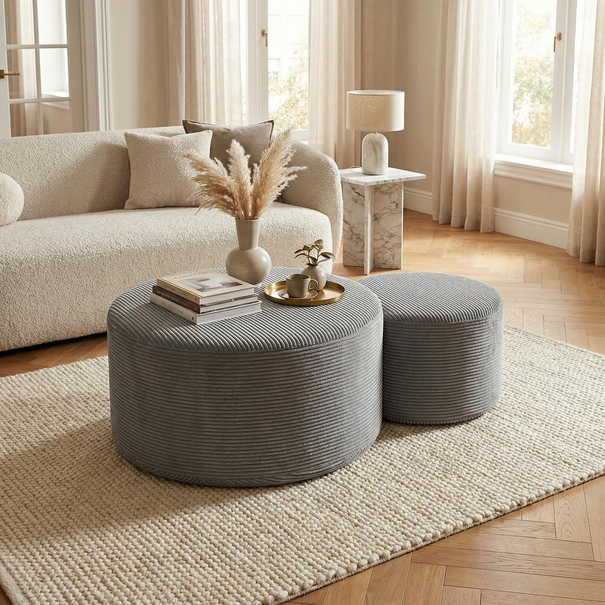 COUCHTISCH 2er Set Rund Gepolsterter Montagefrei - Schwarz, Textil (81/81/40cm) - Urban Meuble