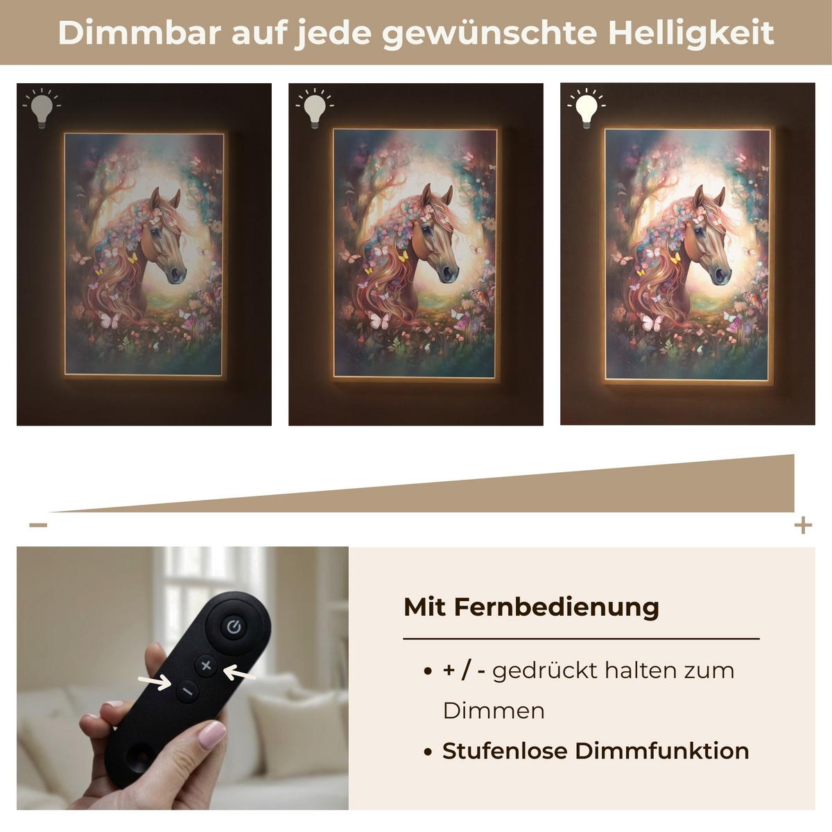 WANDLEUCHTE MIT AKKU Pferd - Natur - Blumen - Schmetterlinge - Wald 60x90 cm - Dunkelbraun, Holzwerkstoff (60/90/8cm) - OnlyWow