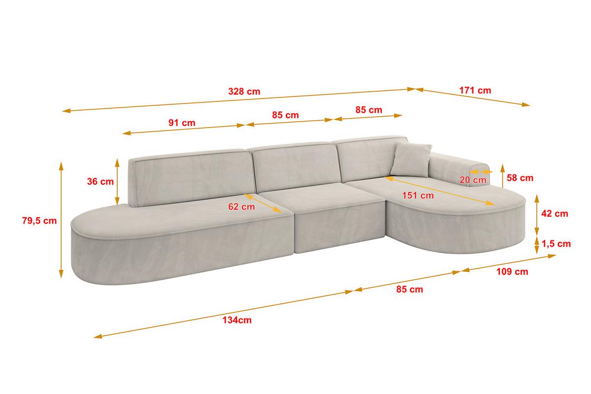 ECKSOFA Ottomane Rechts MARI-L2 - 328x171x79 cm Hellbraun Velours - Hellbraun/Schwarz, Holzwerkstoff/Kunststoff (171/328cm) - ALTDECOR
