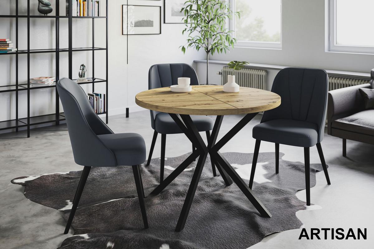 RUNDER Esszimmertisch LOFT LITEN, ausziehbarer Tisch Durchmesser: 120 cm/200 cm, Wohnzimmertisch Farbe: Mattbraun, mit Metallbeinen in Farbe Schwarz - Hellbraun/Schwarz, Holzwerkstoff (120/120/76cm) - Alpi-Möbel