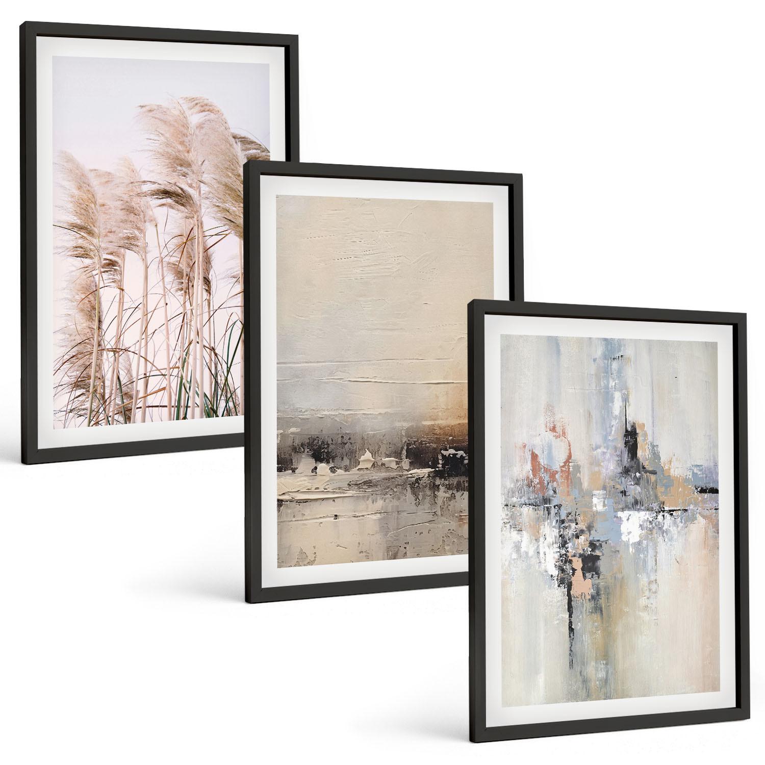 BILDER SET 3er Set - 40x60 cm Schwarzer Rahmen - Abstrakte Vegetationsmuster - Schwarz, Kunststoff (40/60cm) - TULUP