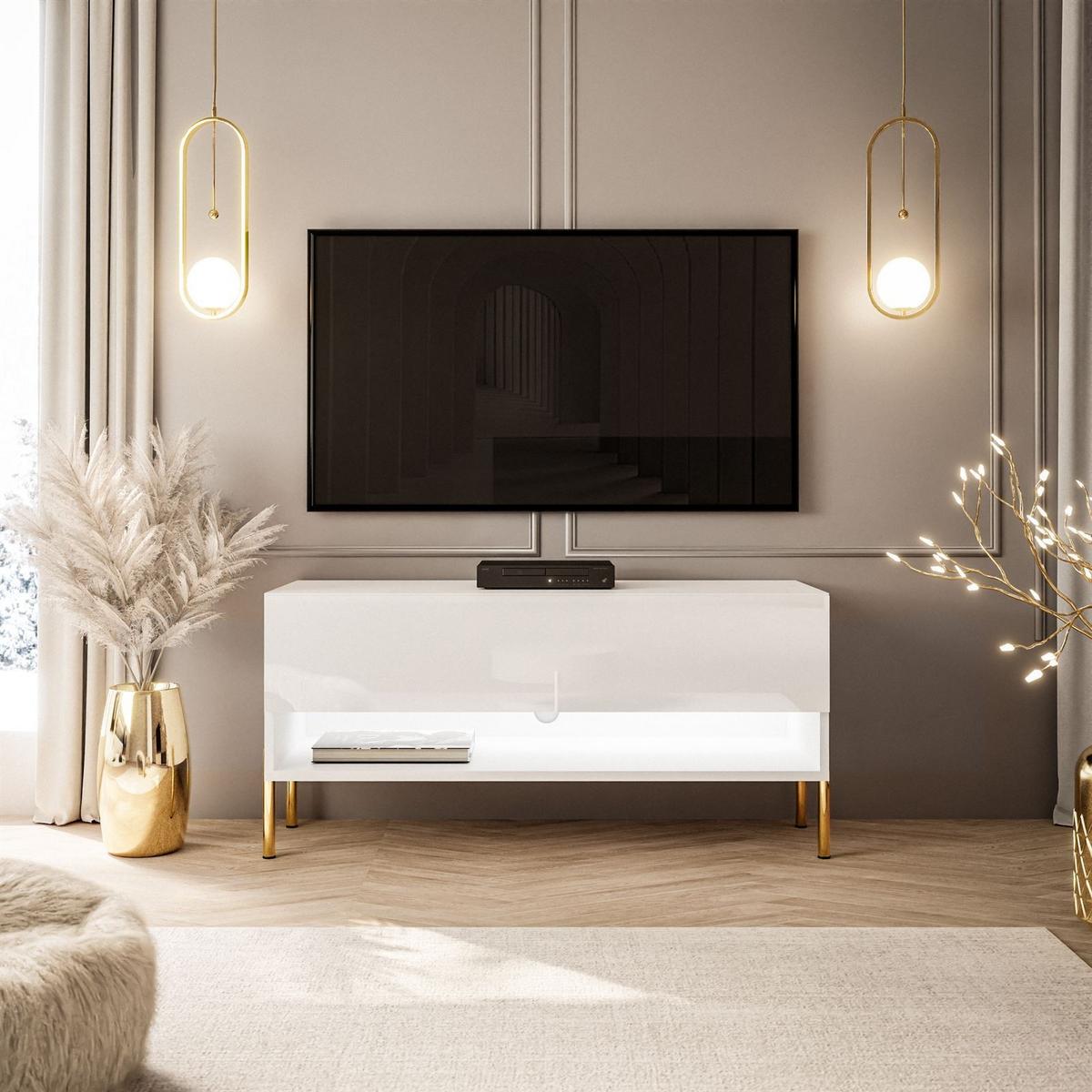 LOWBOARD TV-Schrank CALANTE 90 cm auf geraden goldenen Chrom-Beinen - Weiß Hochglanz/Goldfarben, Holzwerkstoff/Metall (90/44/35cm) - Lookway