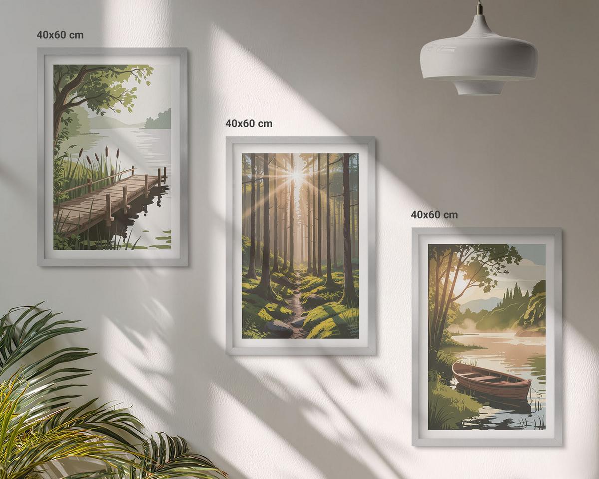 BILDER SET 3er Set - 40x60 cm Silberner Rahmen - Landschaft aus Wald, See und Boot - Silberfarben, Kunststoff (40/60cm) - TULUP