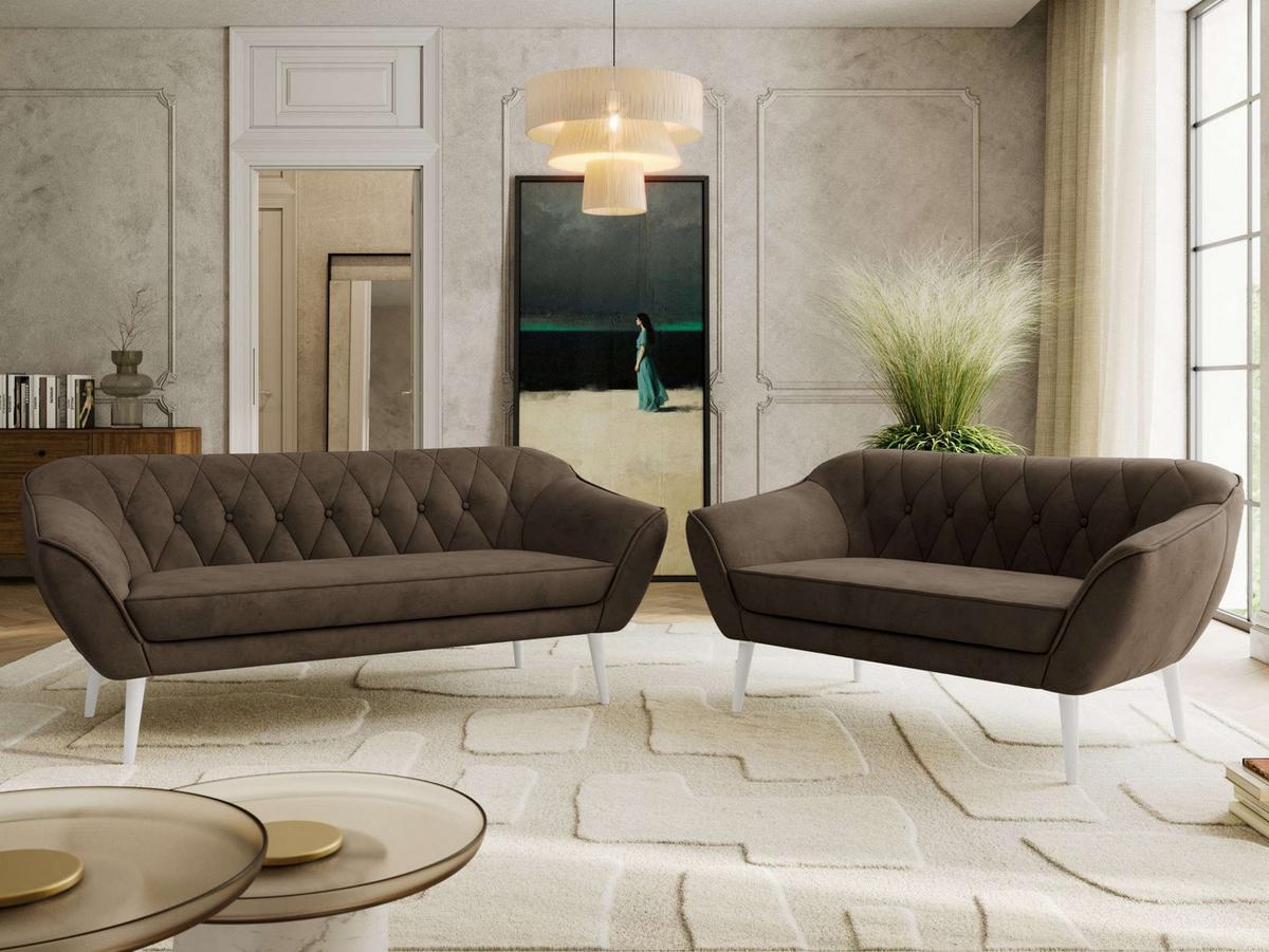 SITZGARNITUR PIRS 3+2 - Braun Velvet - Weiße Beine - Dunkelbraun/Braun, Holzwerkstoff/Textil (180/75/74cm) - MKS