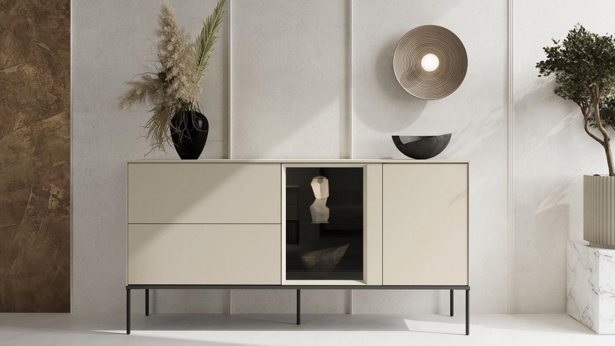 SIDEBOARD Bellezo mit beleuchteter Glasvitrine Creme 196 cm - Creme/Schwarz, Holzwerkstoff/Metall (166/85/41cm) - Selsey