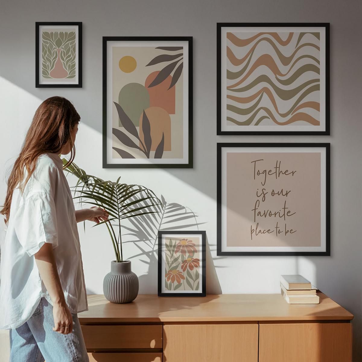 BILDER SET 5er Set - 50x50 cm & 20x30 cm & 40x60 cm Schwarzer Rahmen - Abstrakte Pastellblumen - Schwarz, Kunststoff (40/60cm) - TULUP