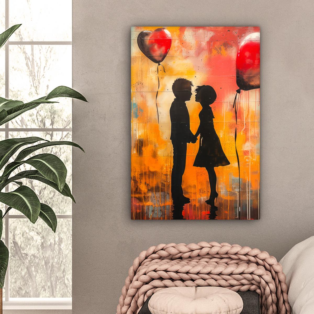 LEINWANDBILD Straßenkunst - Liebe - Graffiti - Kunst - Banksy Wanddeko 40x60 cm - Orange, Textil (40/60cm) - MuchoWow