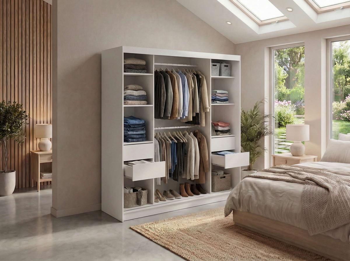 SCHWEBETÜRENSCHRANK mit Spiegel und Schubladen - WALENCJA - 200 - Weiß lacobel - Alufarben/Weiß, Holzwerkstoff/Metall (200/216/61cm) - MKS
