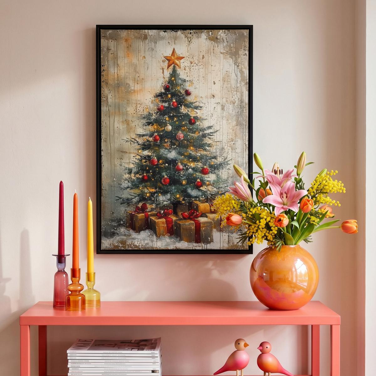 LEINWAND Bilder mit Rahmen - Weihnachtsbaum - Vintage - Weihnachten - Geschenk - 40x60 - Rostfarben, Textil (40/60cm) - MuchoWow