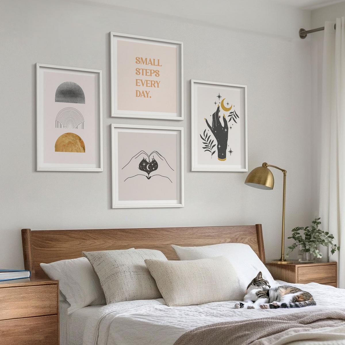 BILDER SET 4er Set - 50x50 cm & 40x60 cm Weißer Rahmen - Minimalistische Boho-Illustrationen - Weiß, Kunststoff (50/50cm) - TULUP