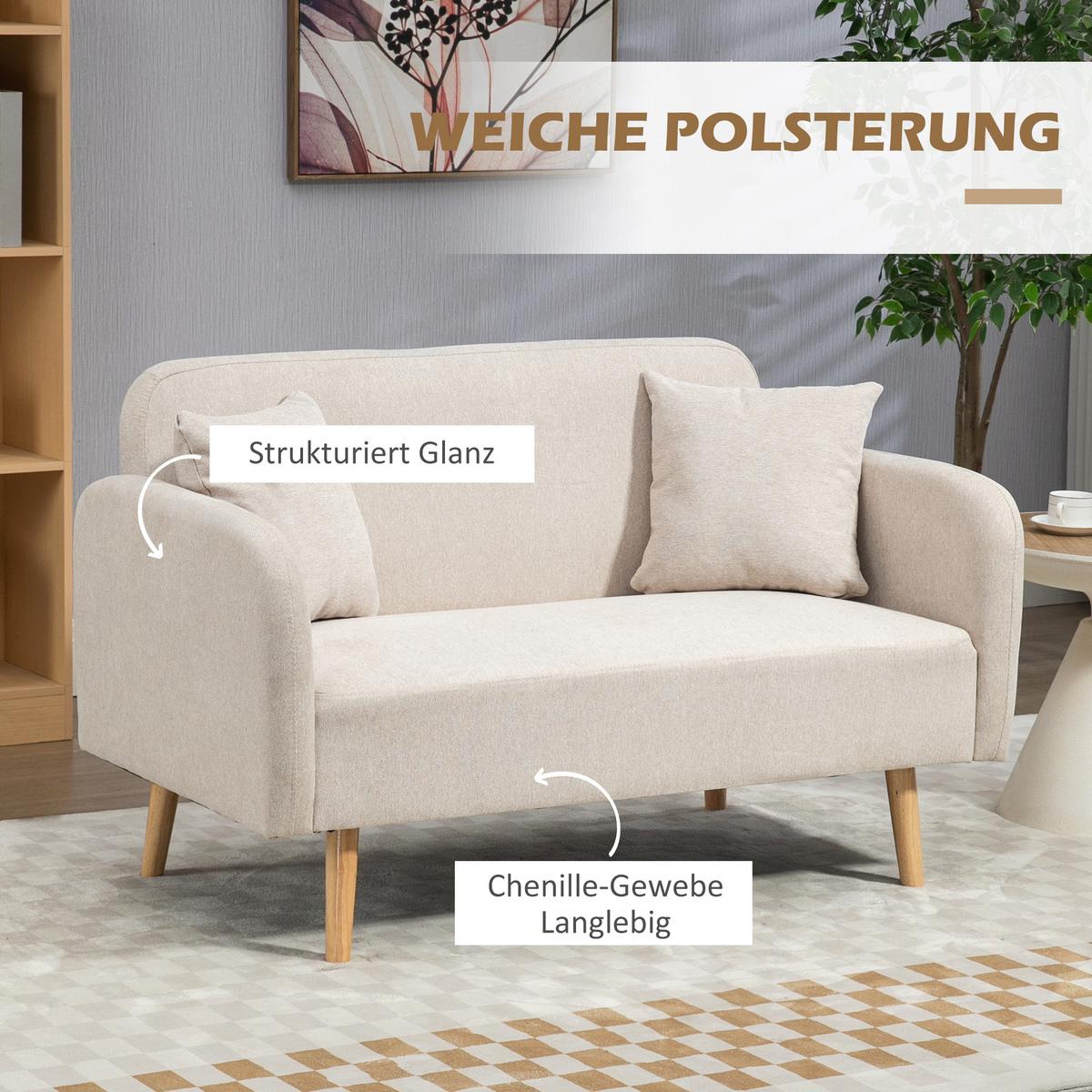 2 Sitzer Sofa, Couch mit 2 Wurfkissen, gepolsterter Doppelsofa mit Samtopik - Creme, Holz (70/80/130cm) - HOMCOM
