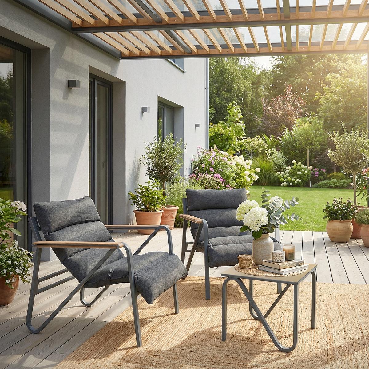 GARTENMÖBEL Set 3 tlg Anthrazit-Grau mit Stahlgestell - Anthrazit/Braun, Textil/Metall - ML-DESIGN