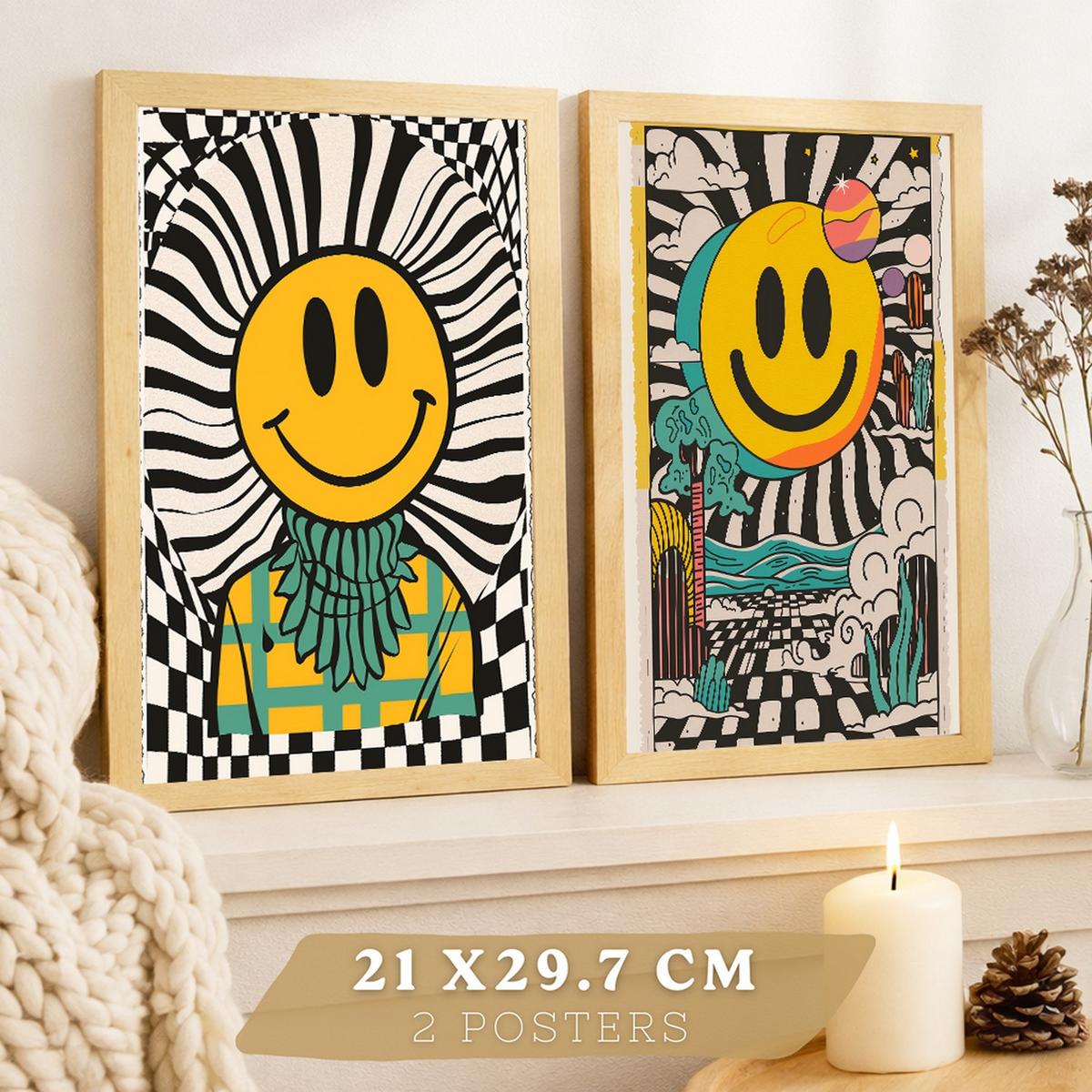 POSTER 4er Kunstdruck-Set Wandbilder Smiley Emoji modern Wohnzimmer Deko, Schlafzimmer, Küche, Badezimmer Leichter Holzrahmen A3 - Beige, Papier (29.7/1/42cm) - Nacnic