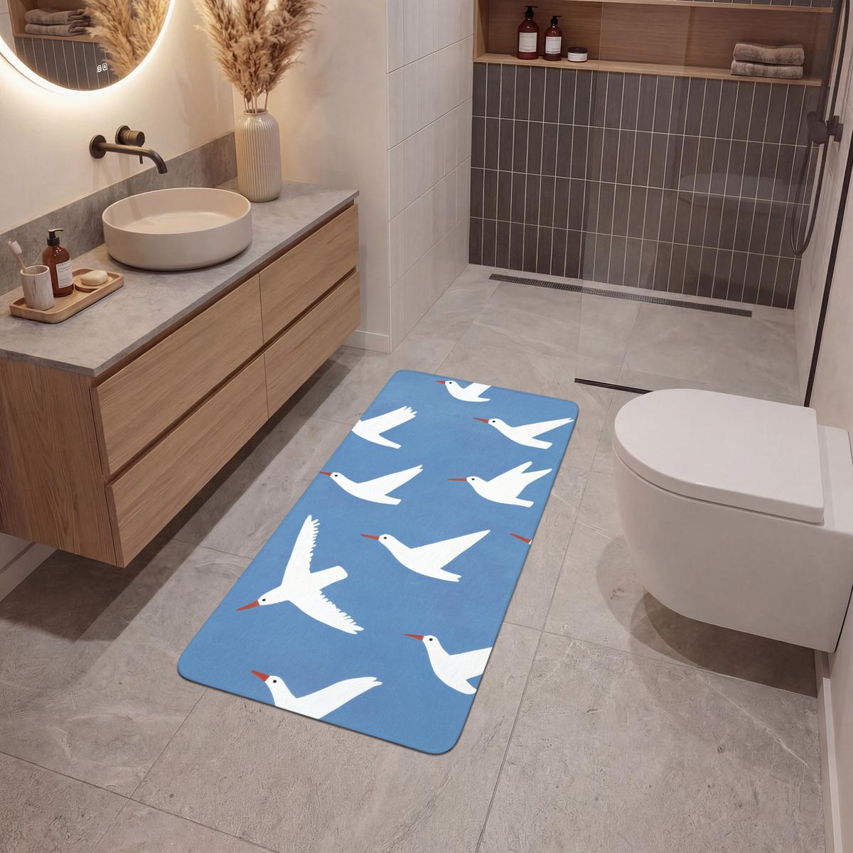 BADEMATTE Vögel - Weiß - Muster 60x120 cm - Blau, Textil (60/120cm) - OnlyWow
