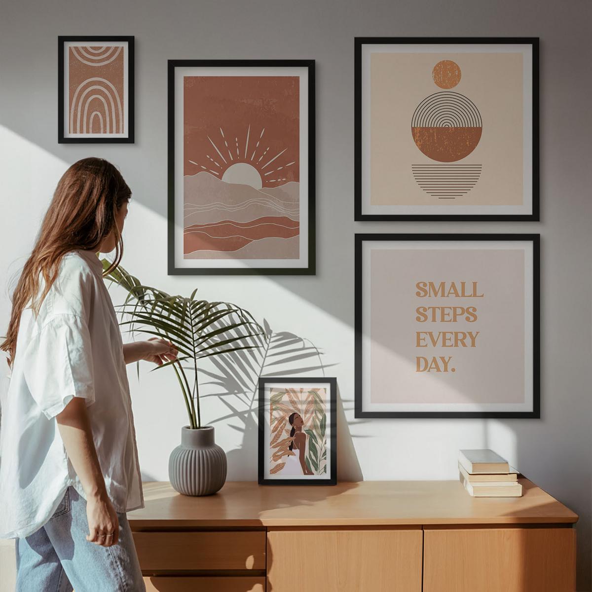 BILDER SET 5er Set - 50x50 cm & 20x30 cm & 40x60 cm Schwarzer Rahmen - Ein entspannter Buddha am Strand - Schwarz, Kunststoff (40/60cm) - TULUP