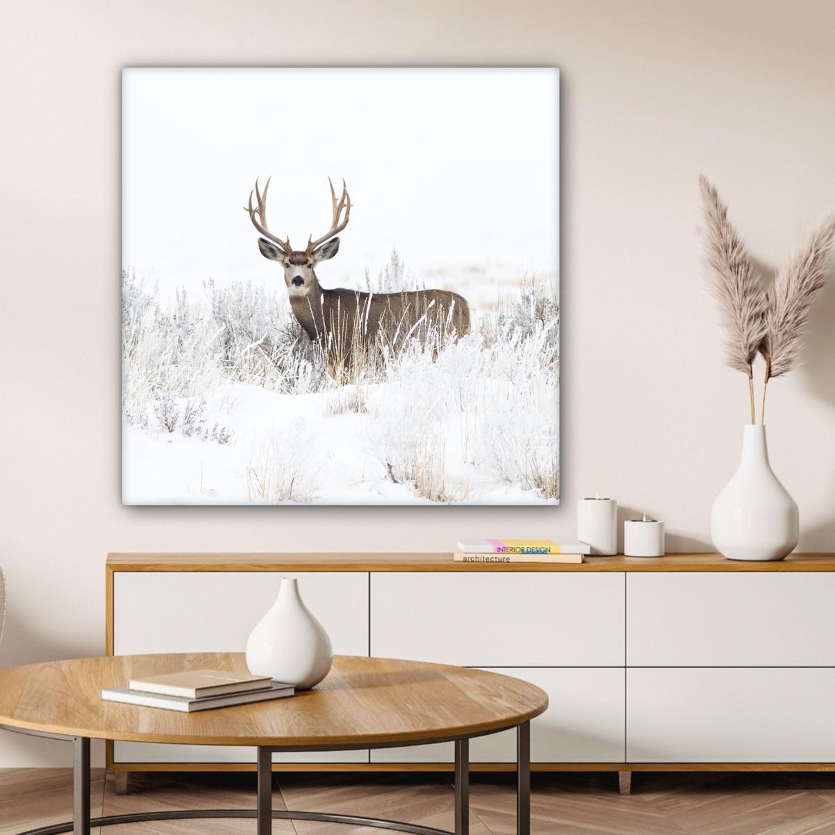 LEINWANDBILD Hirsche - Winter - Schnee - Tiere - Jahreszeiten - Weiß Deko Groß 90x90 cm - Hellbraun, Textil (90/90cm) - MuchoWow