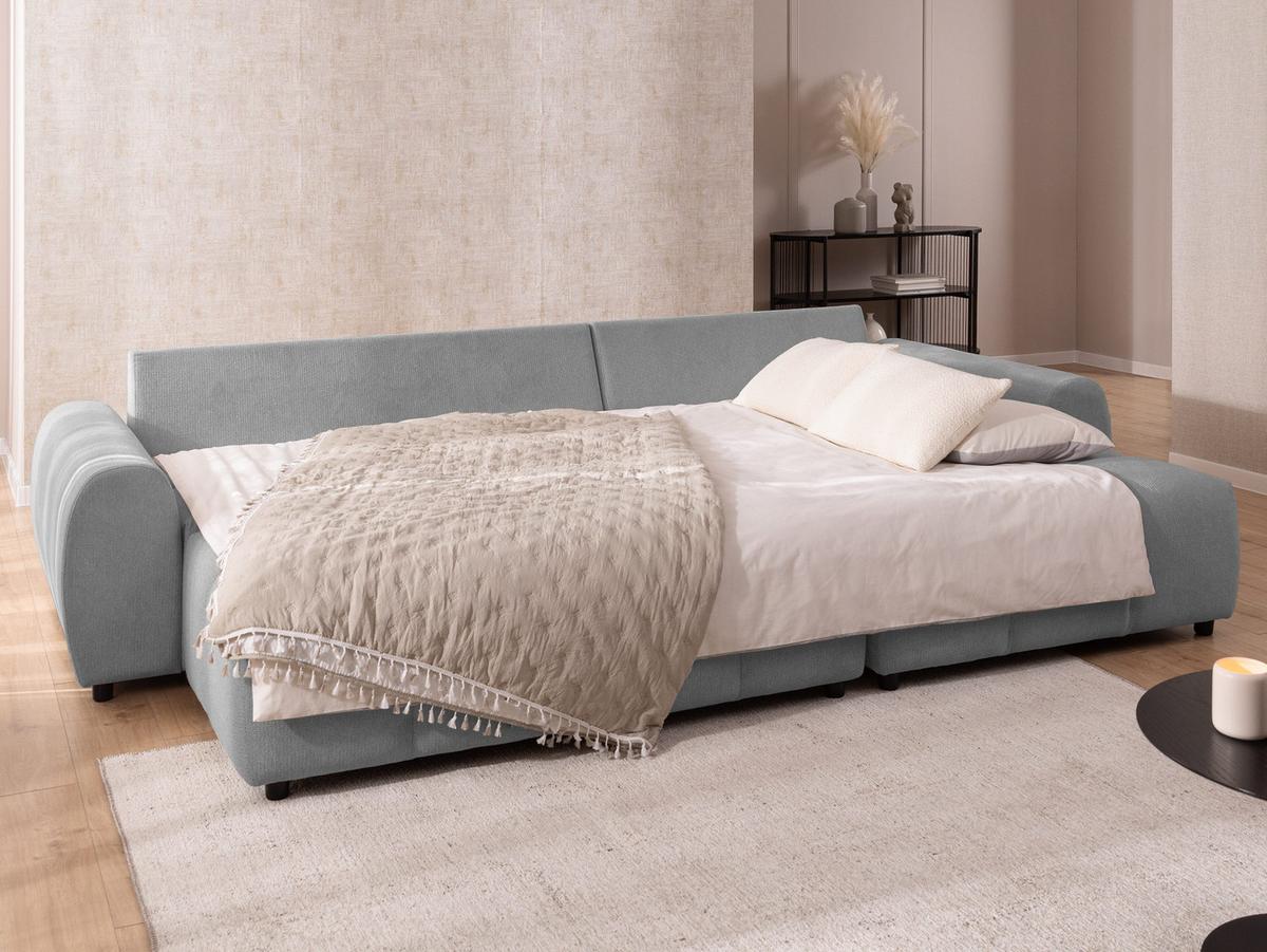 ECKSOFA inkl. Hocker Bubble mit Schlaffunktion und losen Rückenkissen, Sitzfläche Bubble-Optik aus weichem Grau Strukturstoff - Ottomane Rechts - Schwarz/Grau, Holz/Kunststoff (306/180cm) - S-Style