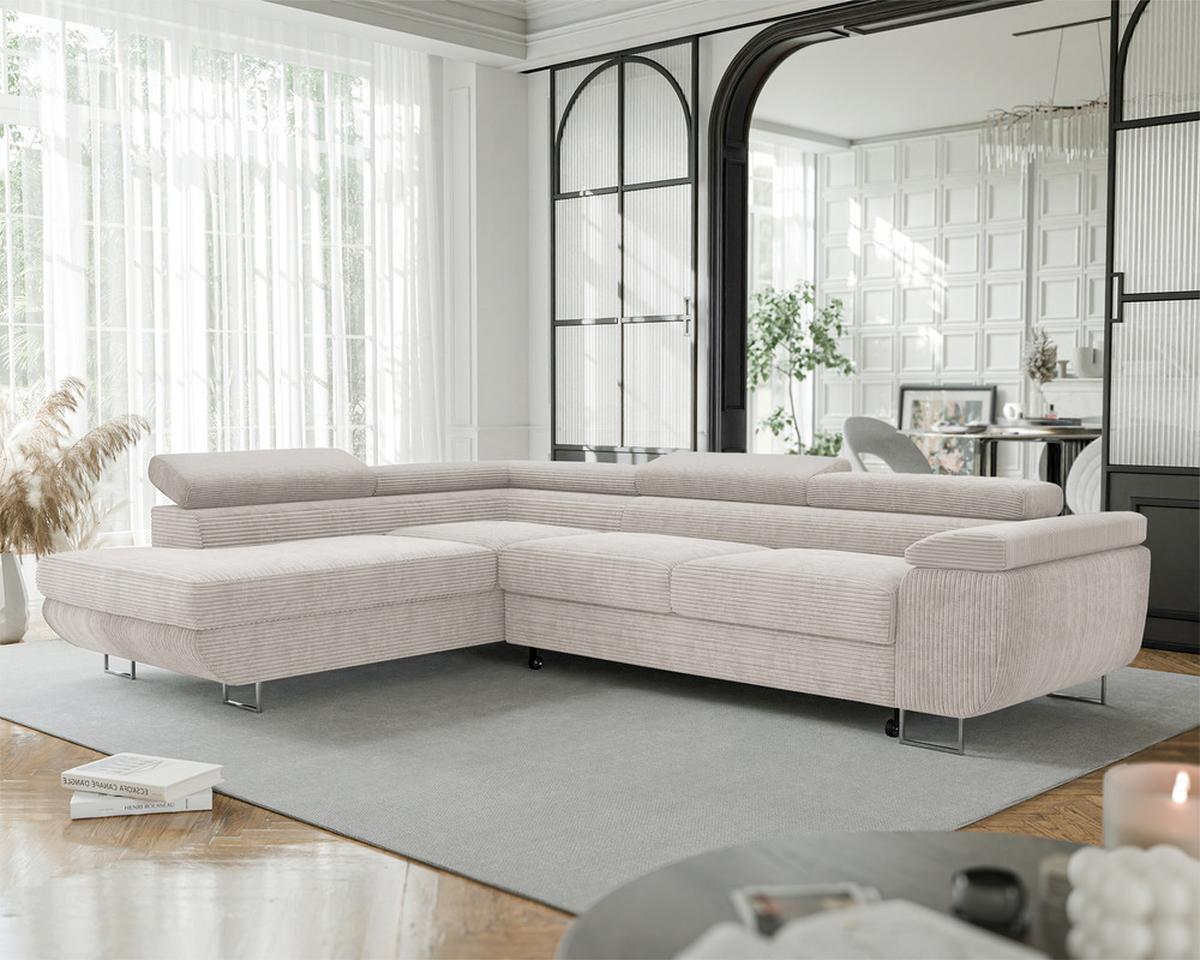 ECKSOFA ANTON links, mit Schlaffunktion und Bettkasten Creme - Chromfarben/Creme, Textil/Metall (274/203cm) - Idohome