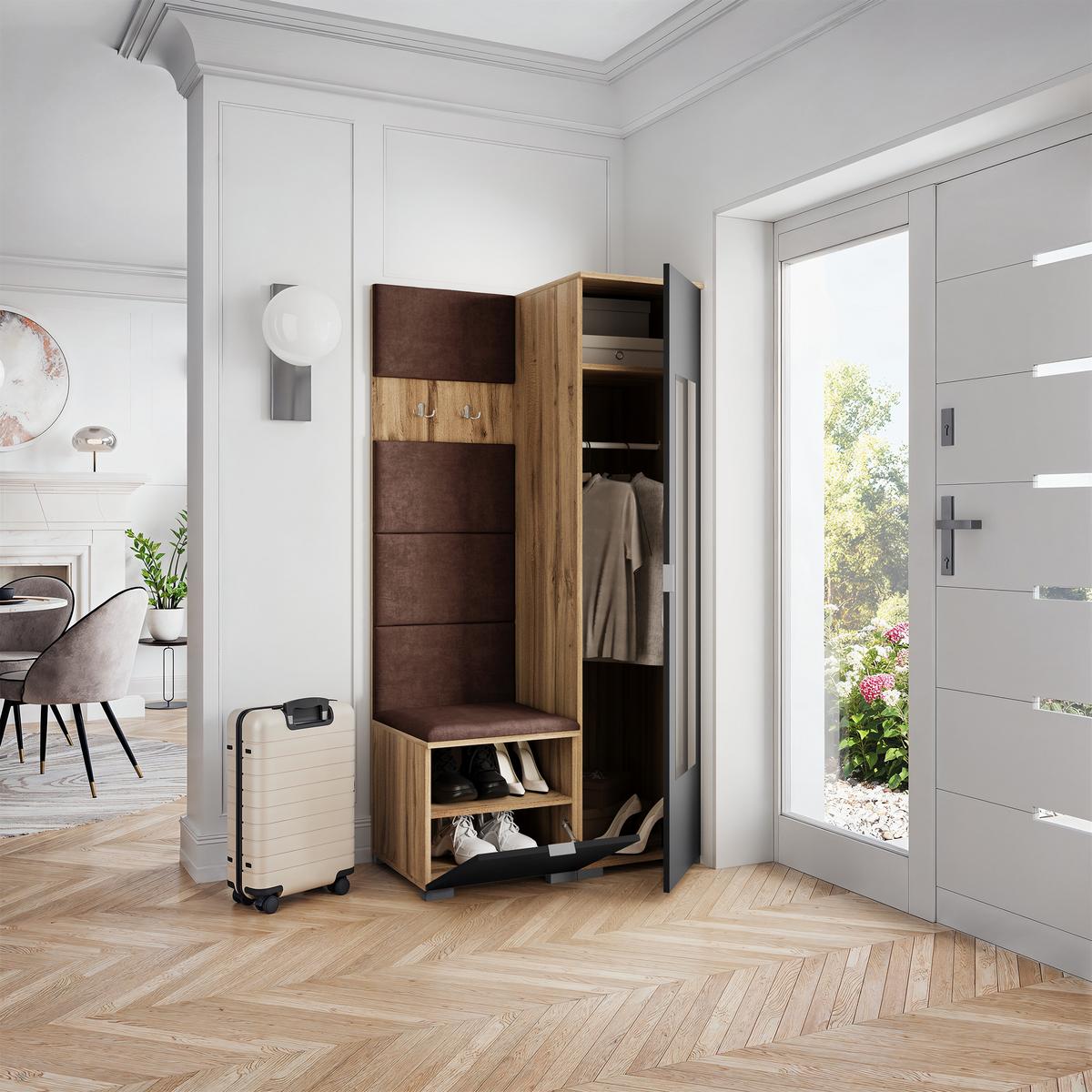 GARDEROBENSCHRANK VIRA 95/181/51 cm Modern Garderobe-Set Eiche Wotan - Eiche Wotan/Schwarz, Holzwerkstoff (95/181/51cm) - MASSENO