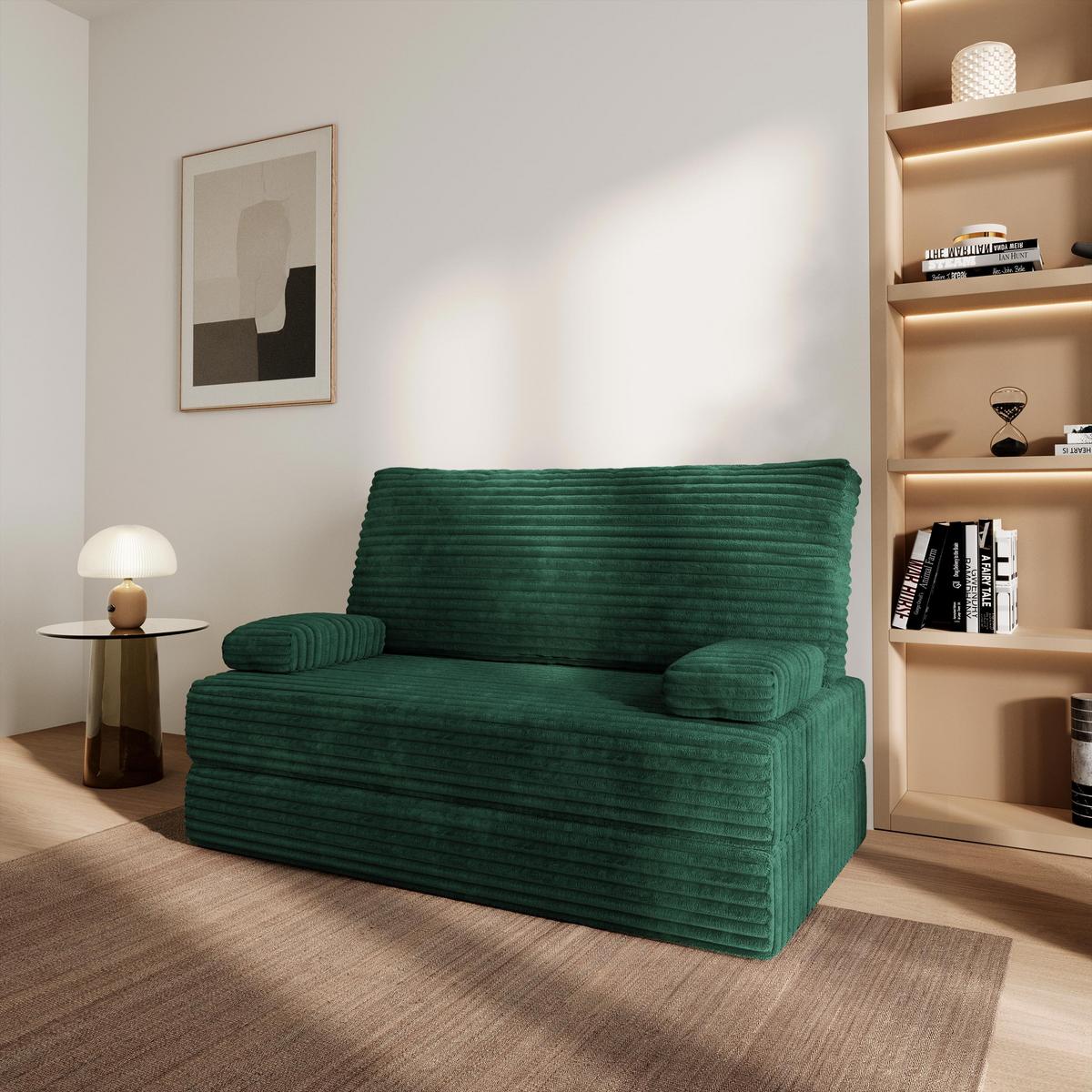 BETTSOFA LADIA aus Schaumstoff Kordstoff Grün Schlaffunktion - Grün, Textil (140/86/60cm) - MASSENO