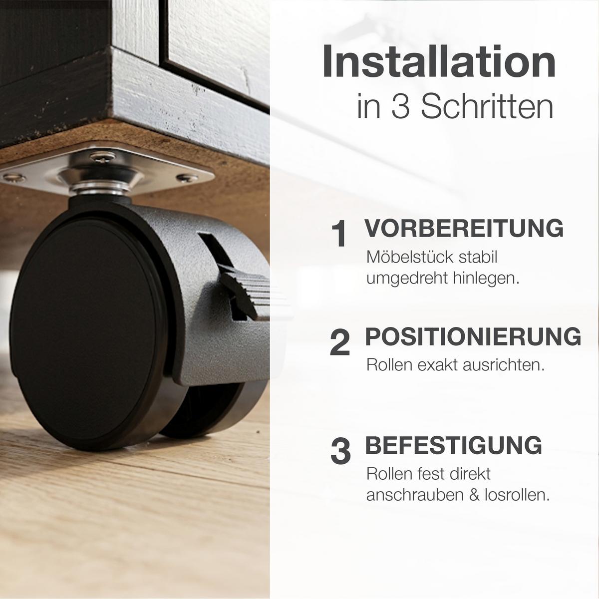 MÖBELROLLEN 40 mm 4er Set mit Bremse - Schwarz, Kunststoff (4/6/8cm) - K-Möbel