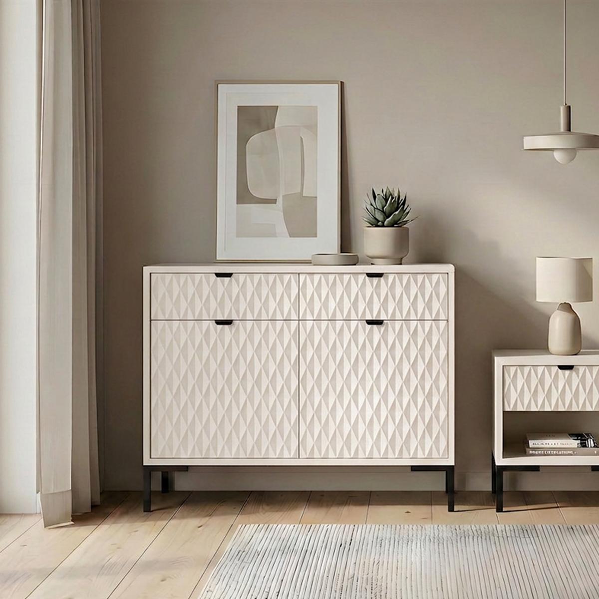 KOMMODE Montreal mit 2 Türen und 2 Schubladen, dekorative 3D-Fronten, 100 cm, Kaschmir - Kaschmir/Schwarz, Holzwerkstoff/Metall (101/85/40cm) - Beautysofa