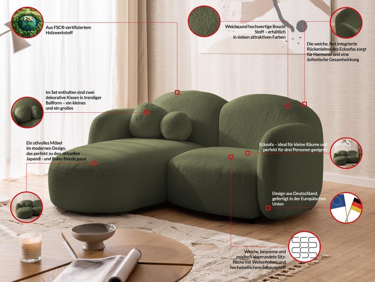 ECKSOFA Nuvola mit abgerundetem Design Grün Bouclé-Stoff - Ottomane Links - Schwarz/Grün, Holz/Kunststoff (190/146cm) - S-Style Möbel