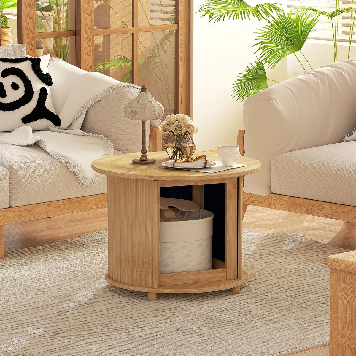COUCHTISCH Wohnzimmertisch aus Bambus mit verstecktem Stauraum und Schiebetür - Naturfarben, Naturmaterialien/Bambusholz (60/60/45cm) - HOMCOM
