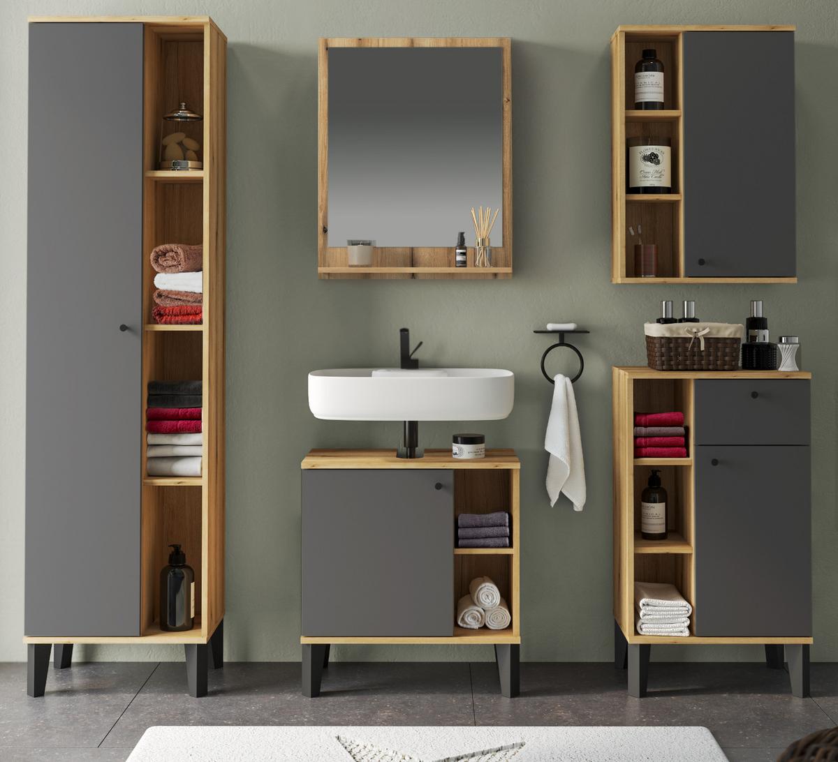BADMÖBEL-SET 5-teilig grau, Evoke Eiche, Badkombination, 182 x 190 cm - Eichefarben/Grau, Glas/Holzwerkstoff (182/190/33cm) - Furn.Design