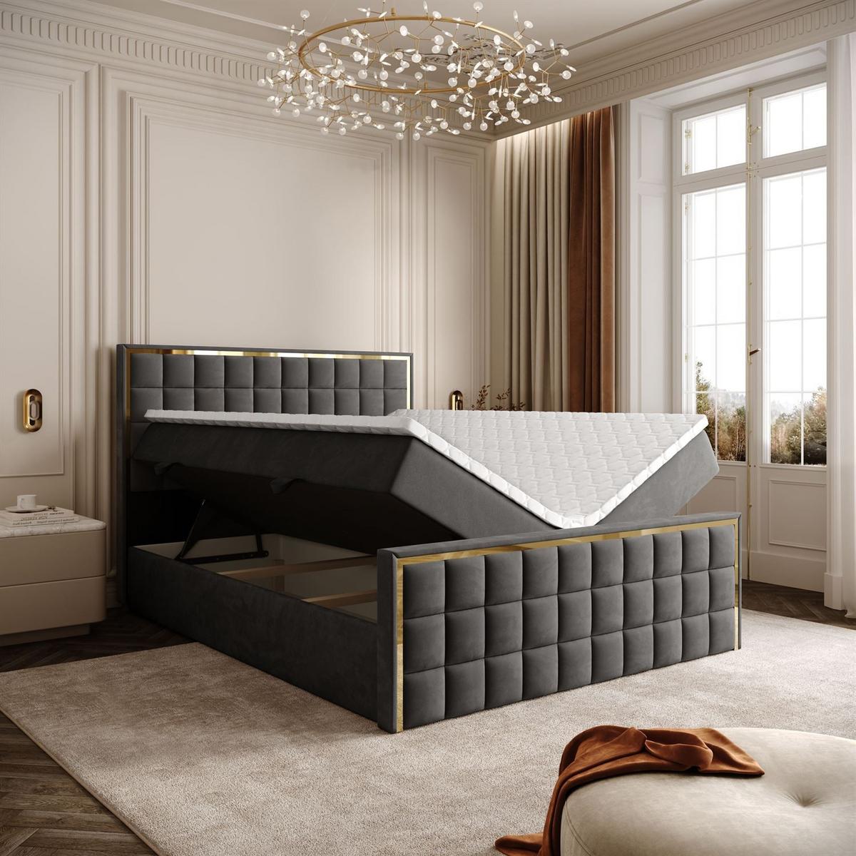 BOXSPRINGBETT ISADORA II GOLD mit Bettkasten und Topper 160x200 cm Royal Velvet 185 - Graphitfarben, Textil - Lookway