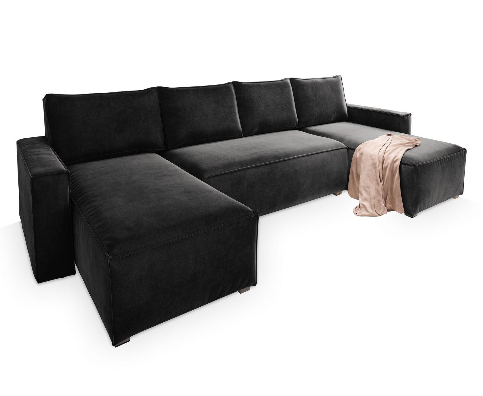 WOHNLANDSCHAFT DENI Schwarz Velours-Stoff mit Schlaffunktion - Schwarz/Grau, Holz/Kunststoff (295/85/140cm) - MASSENO