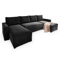WOHNLANDSCHAFT DENI Schwarz Velours-Stoff mit Schlaffunktion - Schwarz/Grau, Holz/Kunststoff (295/85/140cm) - MASSENO
