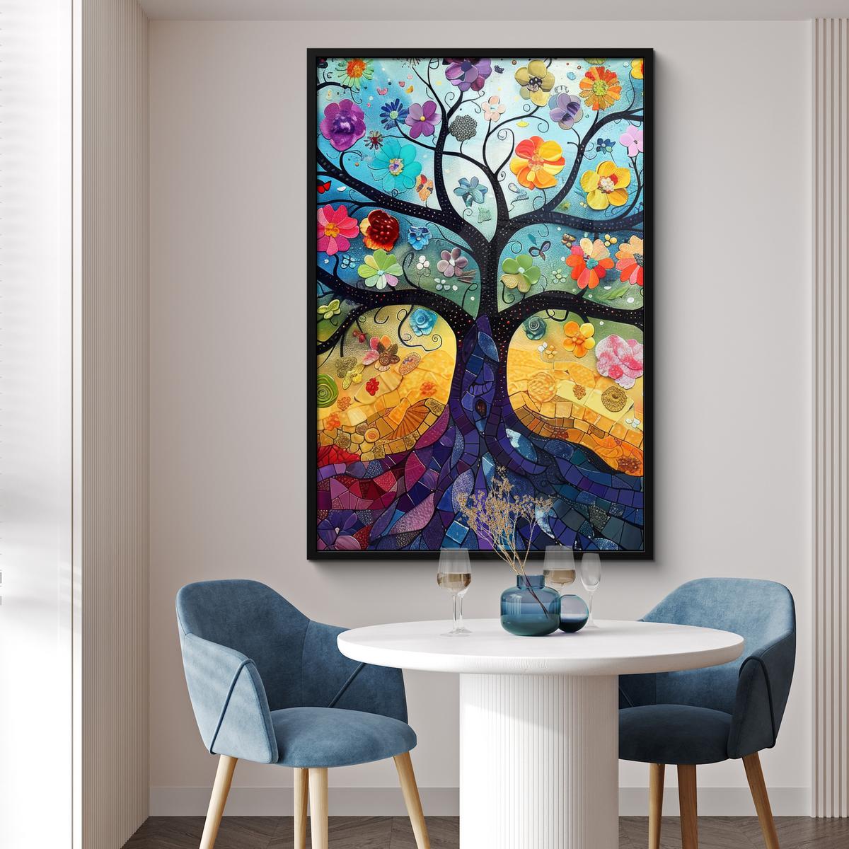 POSTER MIT RAHMEN Kunst - Baum des Lebens - Blumen - Hippie Bilderleiste 80x120 cm - Dunkelblau, Papier (80/120cm) - MuchoWow