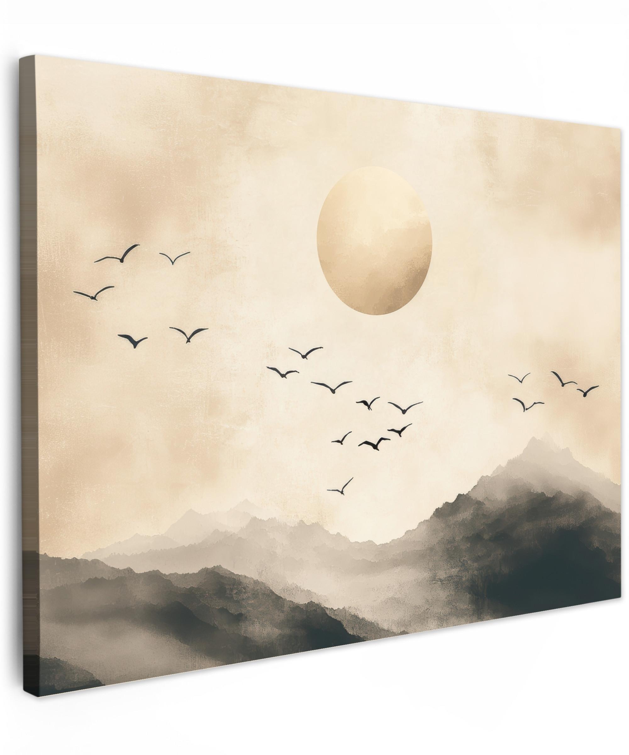 LEINWANDBILD Landschaft - Japandi - Vogel Wandbild 40x30 cm - Beige, Textil (40/30cm) - MuchoWow
