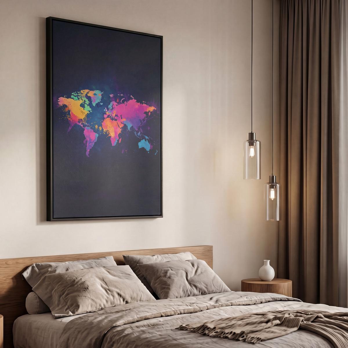 LEINWAND Bilder mit Rahmen - Weltkarte - Bunt - Graffiti - 60x90 - Multicolor, Textil (60/90cm) - MuchoWow