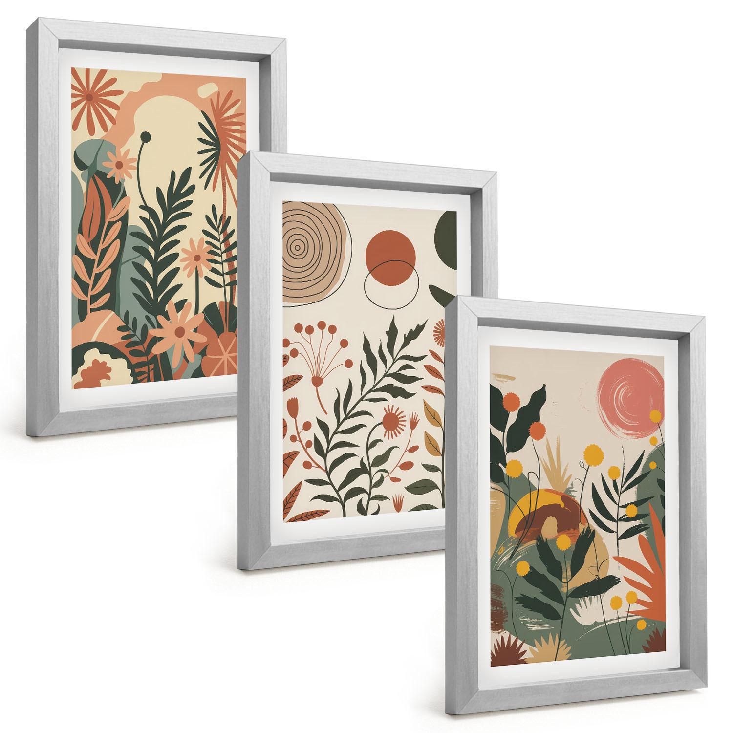 BILDER SET 3er Set - 20x30 cm Silberner Rahmen - Vintage-Pflanzenmuster in Pastellfarben - Silberfarben, Kunststoff (20/30cm) - TULUP