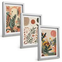 BILDER SET 3er Set - 20x30 cm Silberner Rahmen - Vintage-Pflanzenmuster in Pastellfarben - Silberfarben, Kunststoff (20/30cm) - TULUP