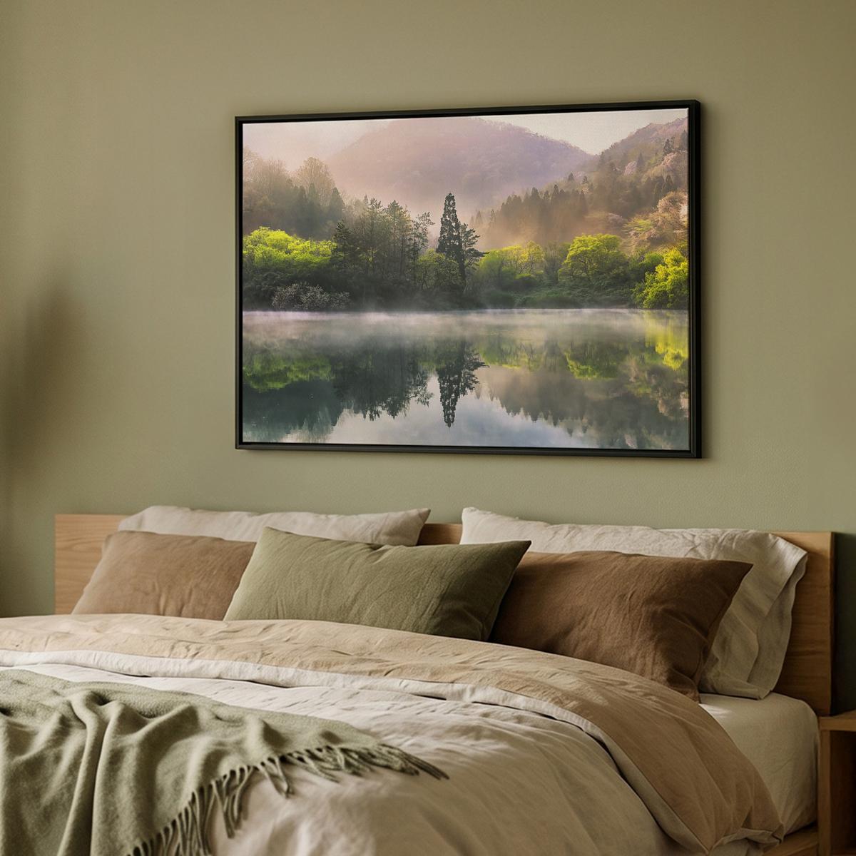 LEINWAND Bilder mit Rahmen - Natur - Bäume - Berge - See - Wasser - 100x70 - Hellgrün, Textil (100/70cm) - MuchoWow