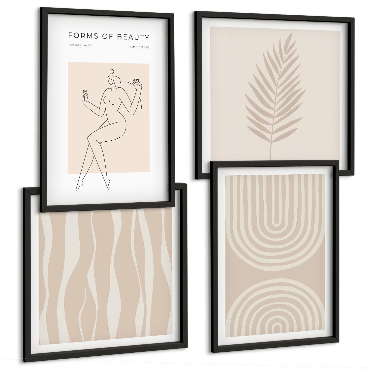 BILDER SET 4er Set - 50x50 cm & 40x60 cm Schwarzer Rahmen - Abstrakte Boho-Dekorationen - Schwarz, Kunststoff (50/50cm) - TULUP