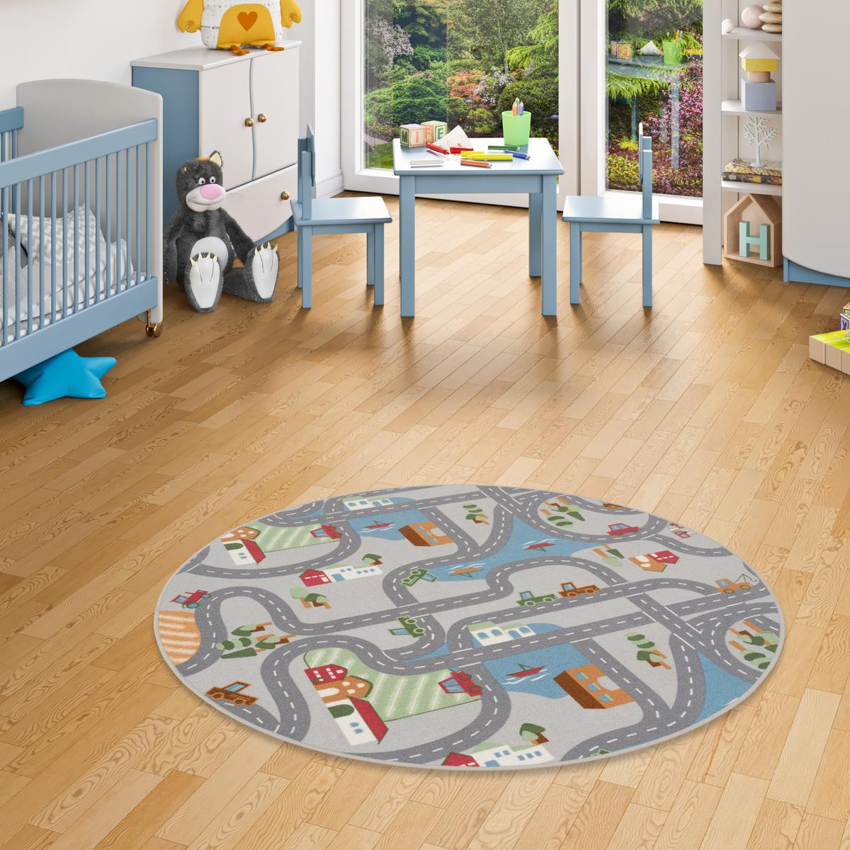 KINDER SPIEL STRASSENTEPPICH FUN TOWN RUND - Grau, Textil (100/100cm) - Snapstyle