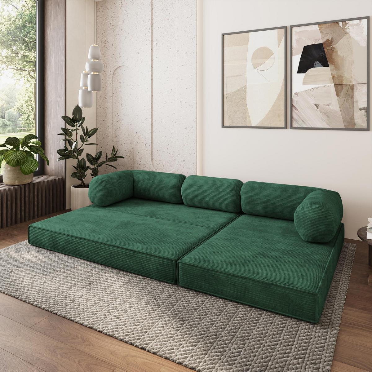 ECKSOFA ETERA modulares Boneless Sofa mit Schlaffunktion Grün Kordstoff - Grün, Textil (270/160cm) - MASSENO