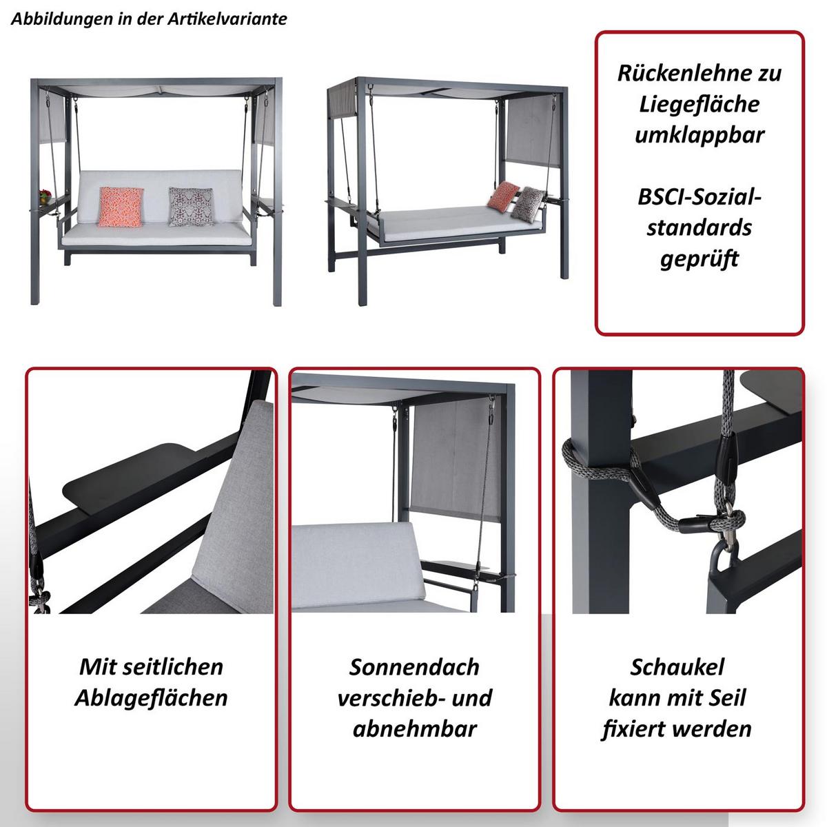 ALU-HOLLYWOODSCHAUKEL Anthrazit, Grau - Anthrazit/Grau, Metall (221/195/131cm) - MCW