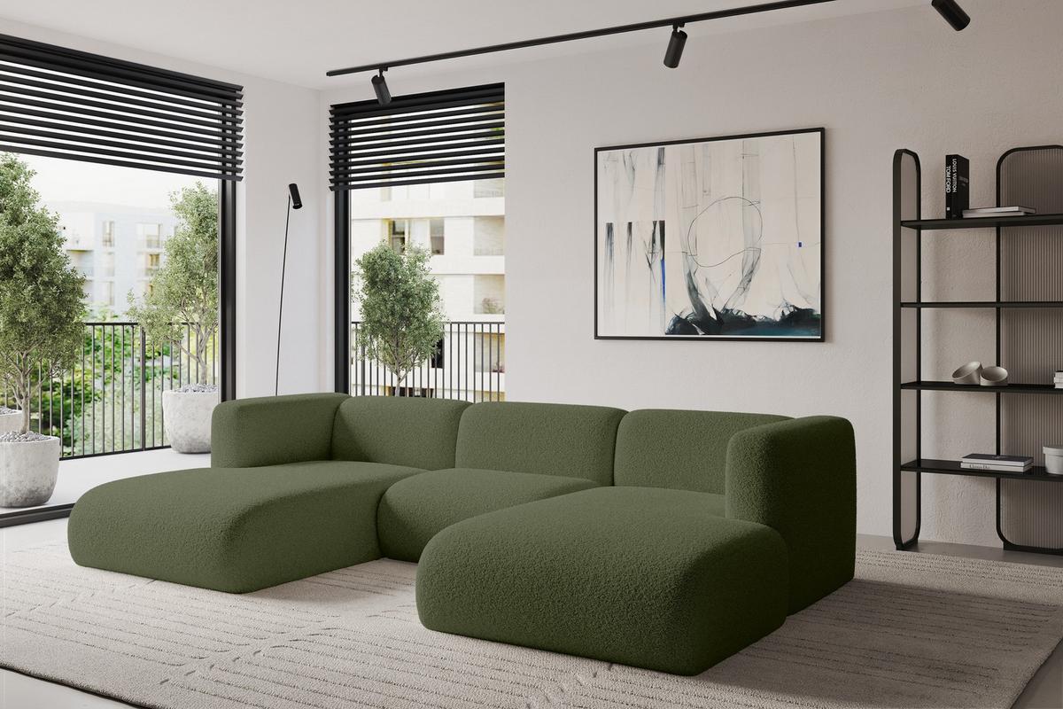 WOHNLANDSCHAFT MIRA-U1 317x179x70 Grün Bouclé - Schwarz/Olivgrün, Holzwerkstoff/Kunststoff (317/70/179cm) - ALTDECOR