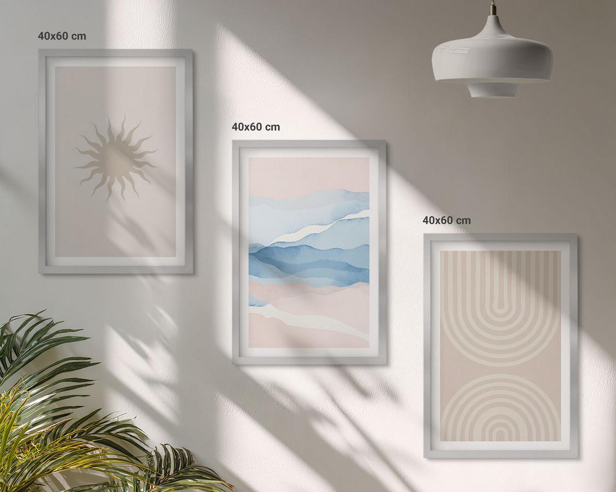 BILDER SET 3er Set - 40x60 cm Silberner Rahmen - Sonnenwellen abstrakte Linien Pastell - Silberfarben, Kunststoff (40/60cm) - TULUP