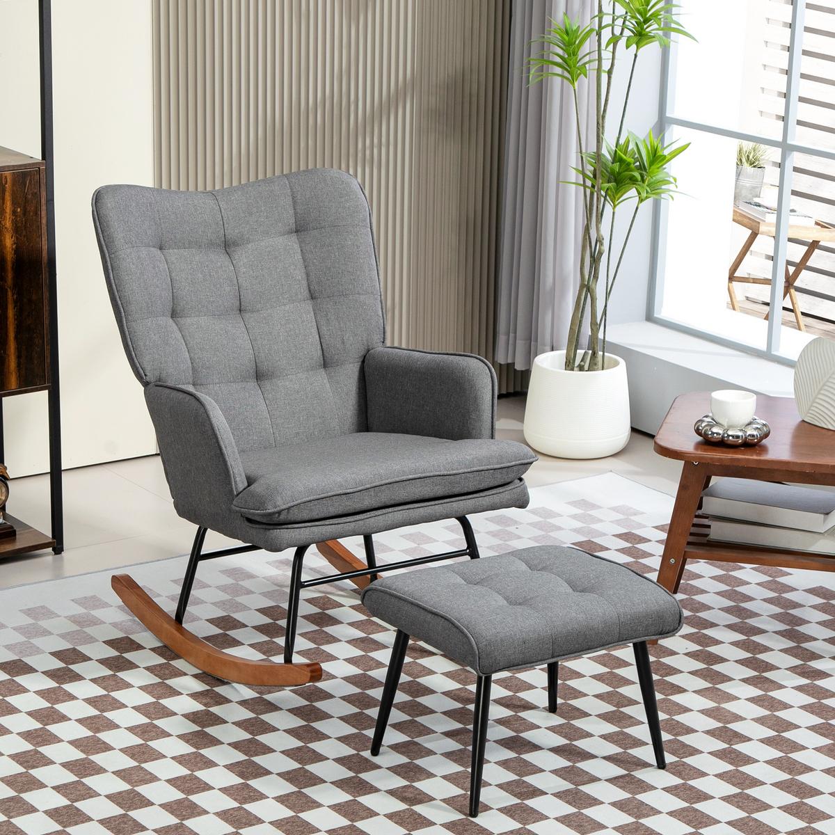 SCHAUKELSTUHL Schwingsessel mit Hocker Armlehnsessel Relaxsessel mit Leinenoptik - Dunkelgrau/Schwarz, Holz/Textil (89/90/64cm) - HOMCOM