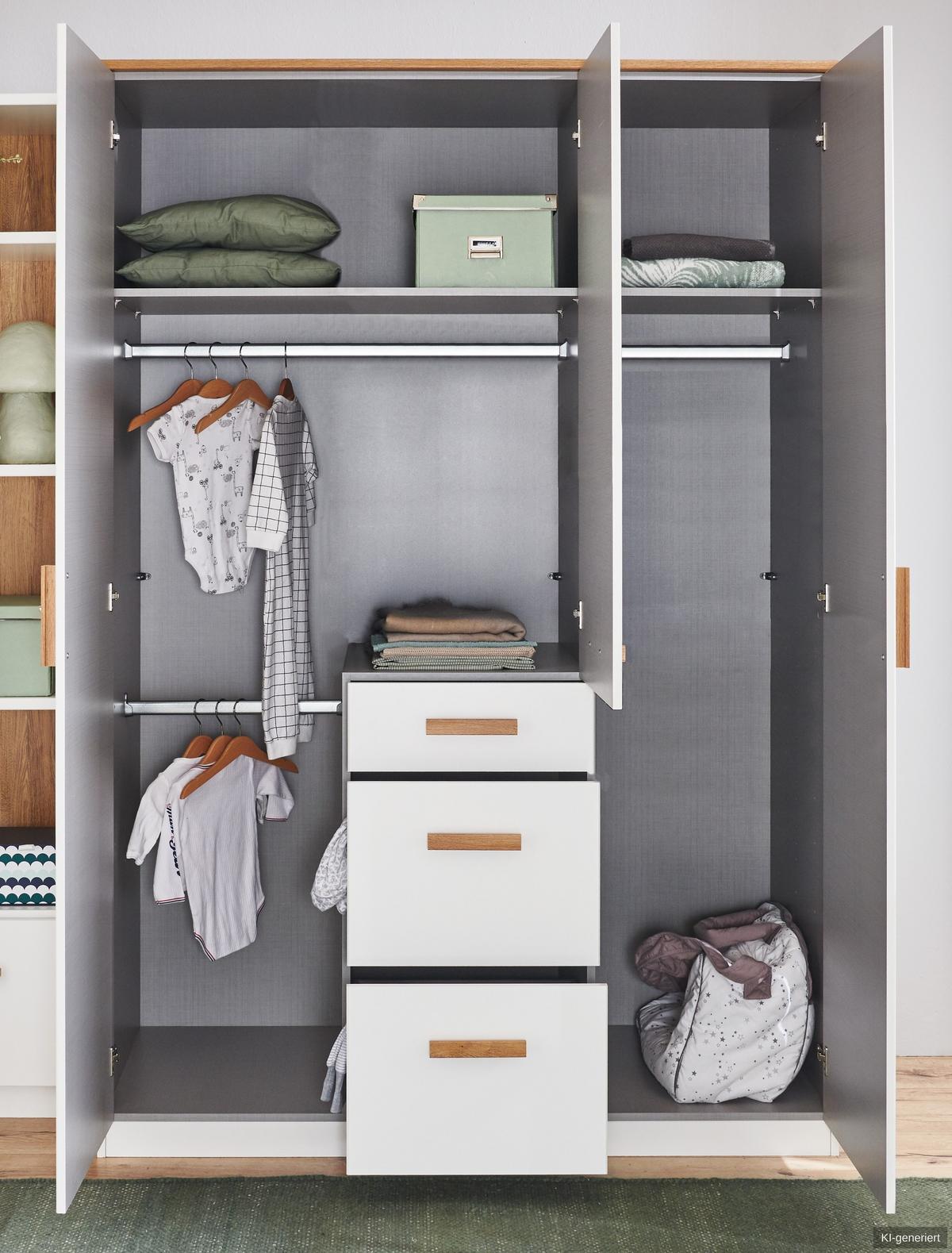 BABYZIMMER-SET 3-tlg.: Babybett & Wickelkommode & Kleiderschrank 3-türig B135/H199/T58 cm, Weiß mit Eiche & Hirnholz Dekor / 22813 - Eichefarben/Weiß, Holzwerkstoff (135/199/58cm) - luma-home