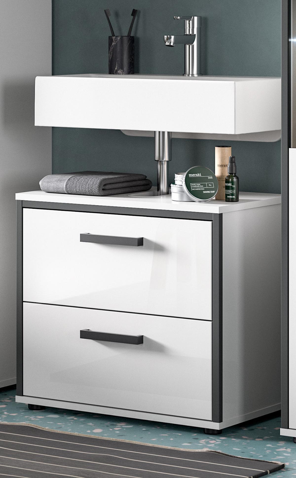 WASCHBECKENUNTERSCHRANK weiß Hochglanz, grau 60 cm, Unterschrank mit Schubkästen - Weiß Hochglanz/Schwarz, Holzwerkstoff/Kunststoff (60/55/37.5cm) - Inn.Furn